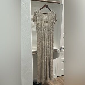 Adrianna Papell Evening Gown in Pewter with Silver Sequins and Cream Beading